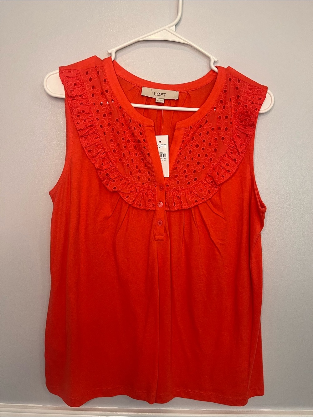 LOFT Bright Orange Eyelet Ruffle Sleeveless Top